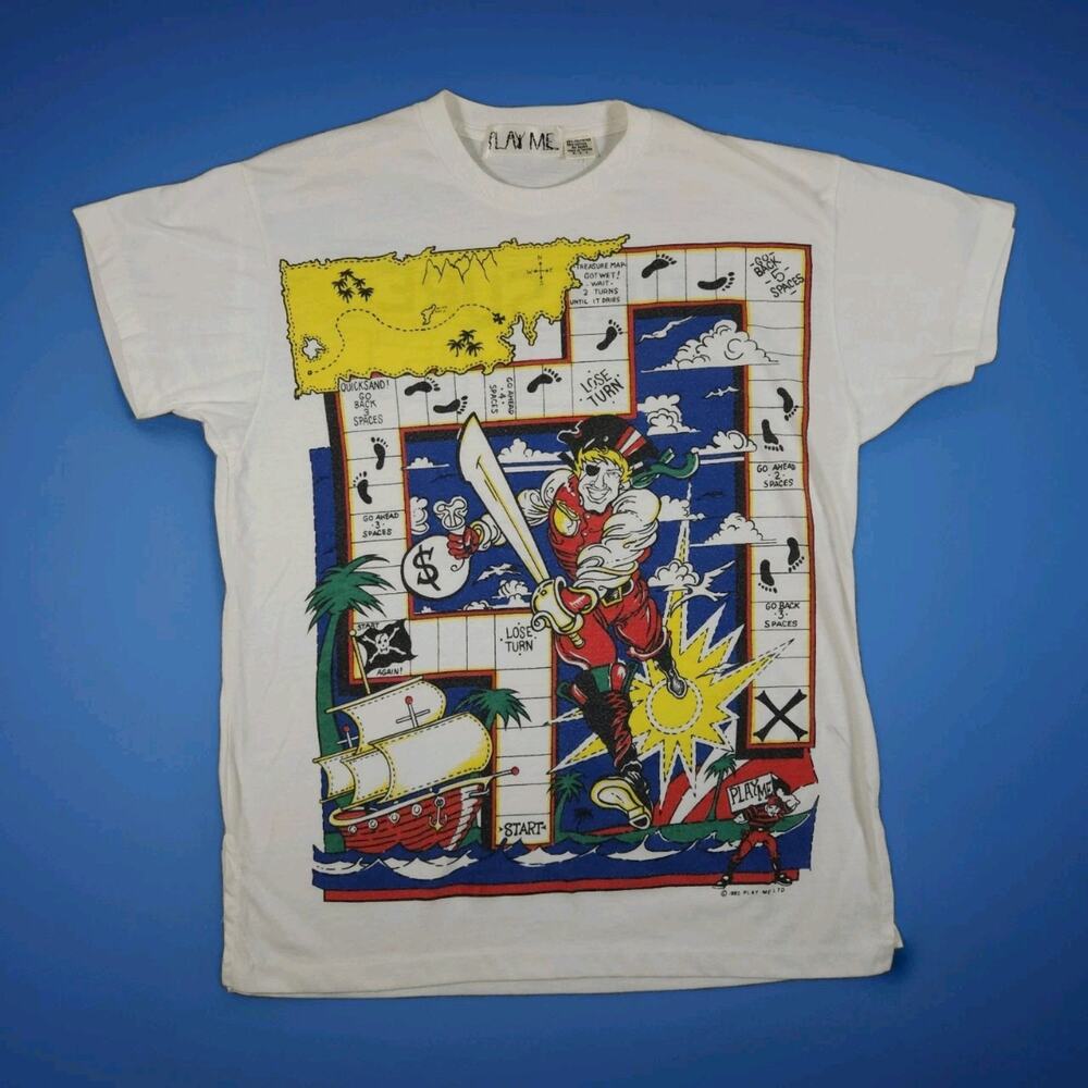 Vtg 80s Shirt Mens Medium Pirate Board Game Single Stitch Retro Treasure White